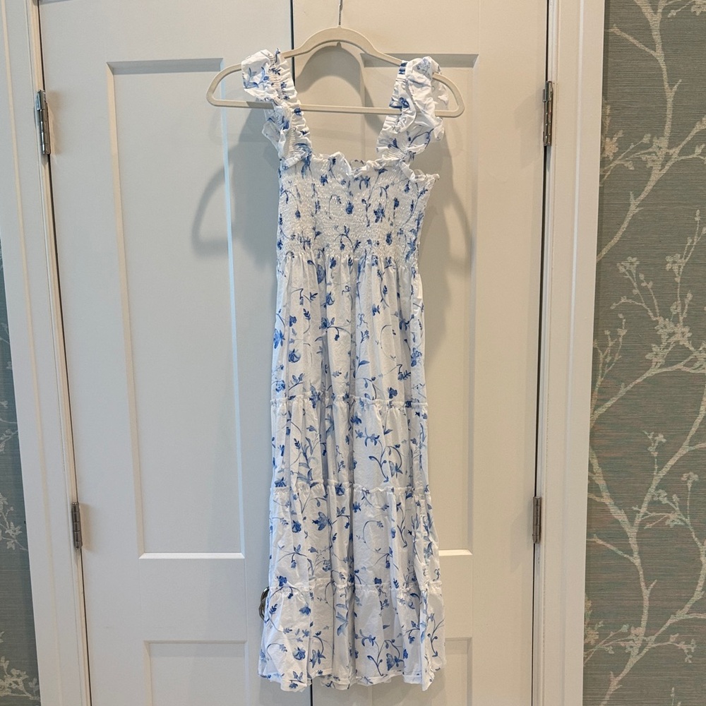 Hill House White Midi Dress with Blue Floral Print